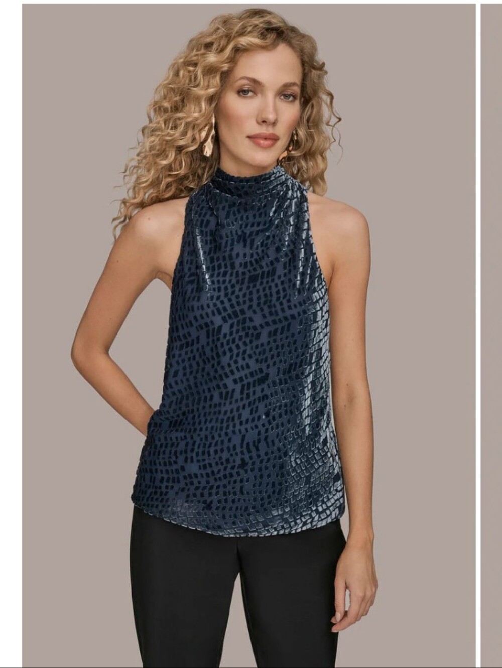 Donna Karan Sleeveless Women's High-Neck Soft Navy Lined Velvet Burnout Top XL